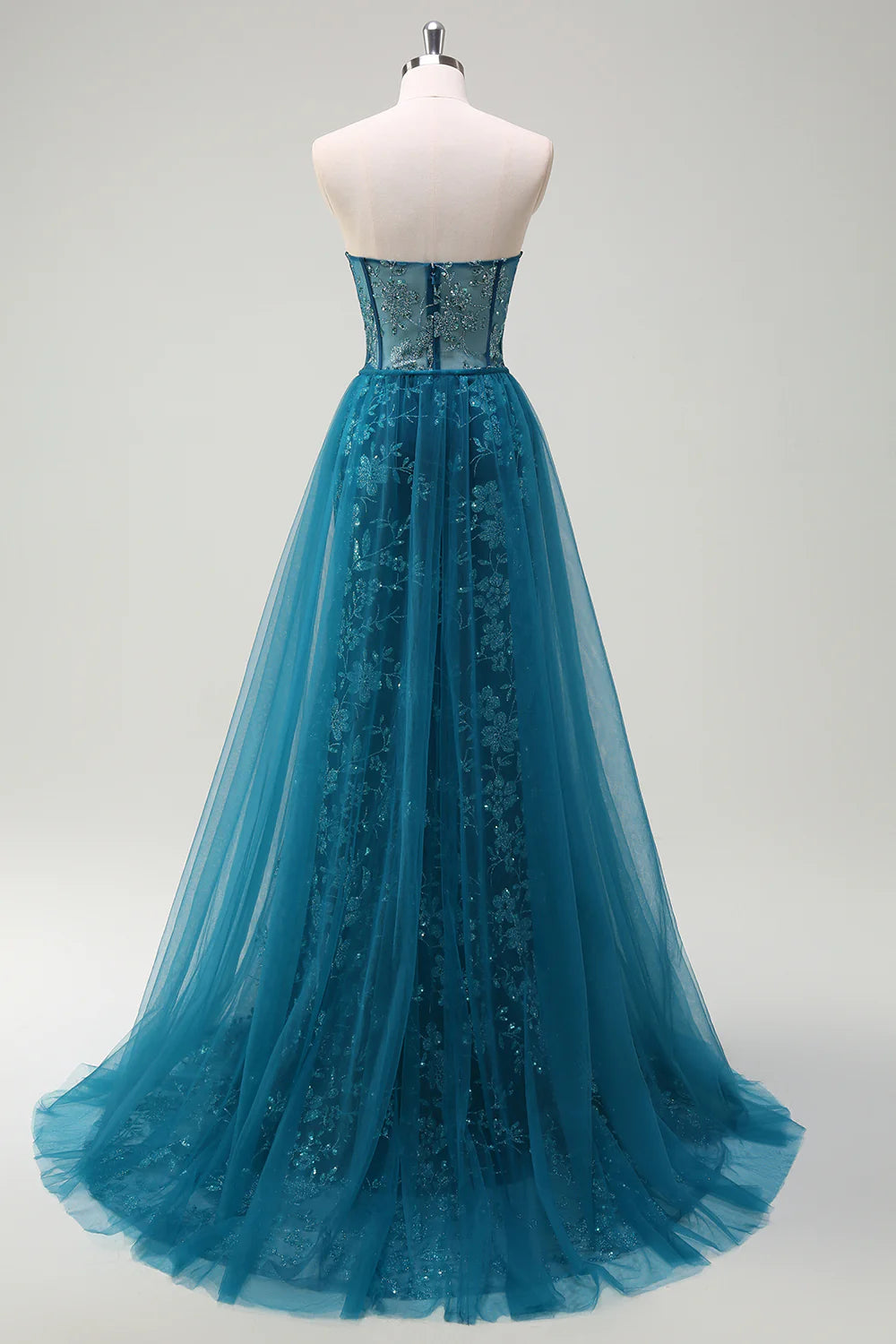 Sparkly Fitted Strapless Corset Bodice Detachable Train Prom Dress With Slit