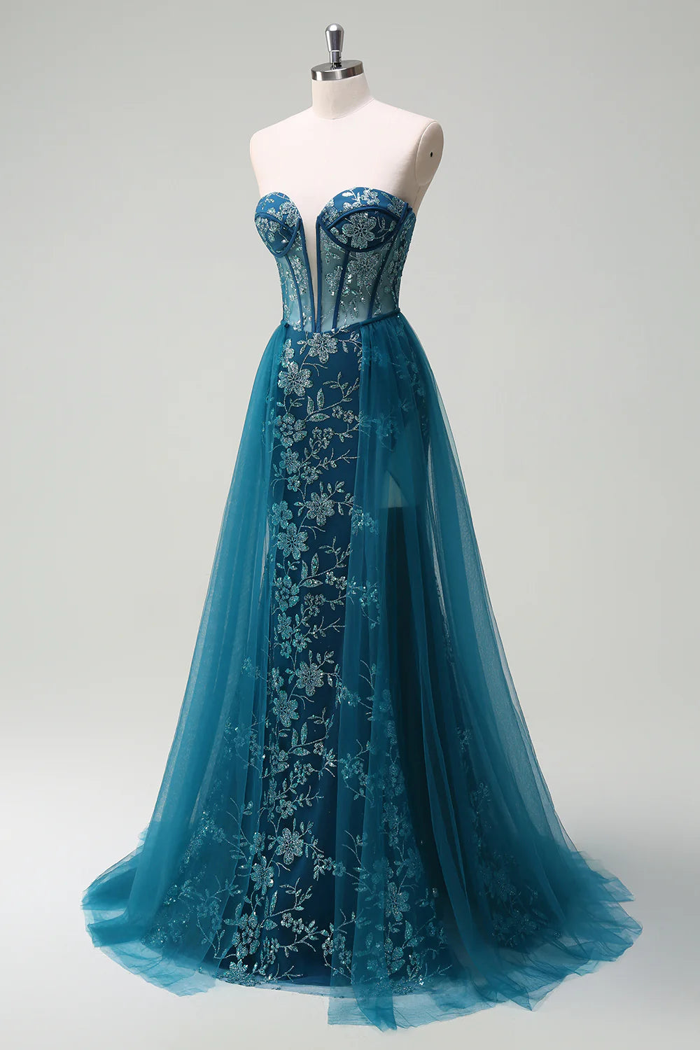Sparkly Fitted Strapless Corset Bodice Detachable Train Prom Dress With Slit