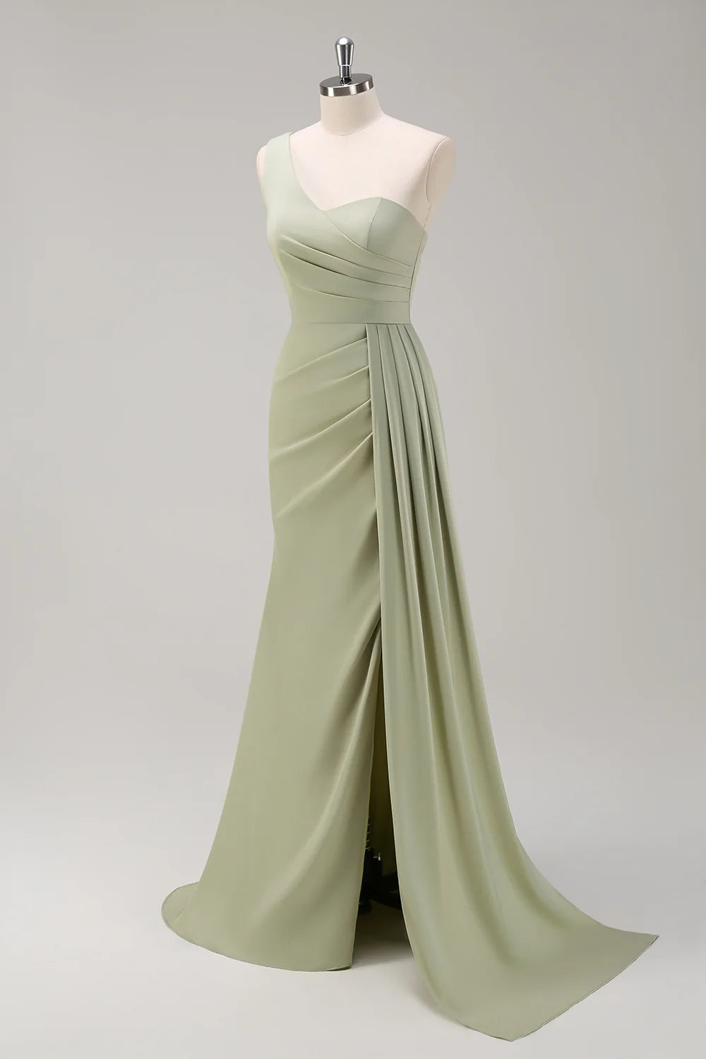 Sage Mermaid One Shoulder Ruched Side Overskirt Long Bridesmaid Dress With Slit