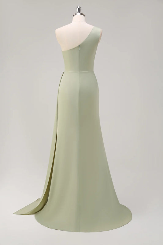 Sage Mermaid One Shoulder Ruched Side Overskirt Long Bridesmaid Dress With Slit