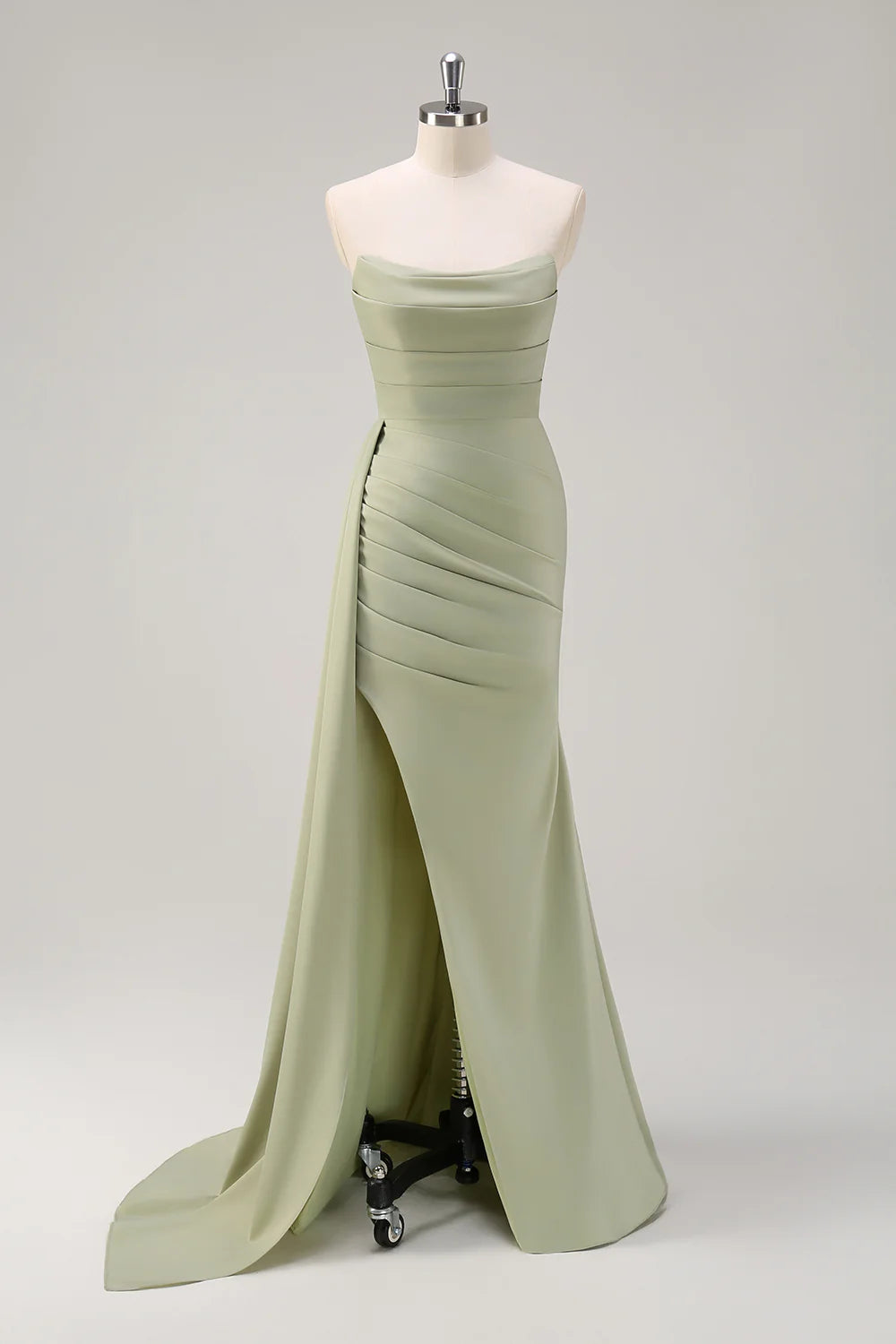 Sage Mermaid Strapless Ruched Side Overskirt Bridesmaid Dress with Slit
