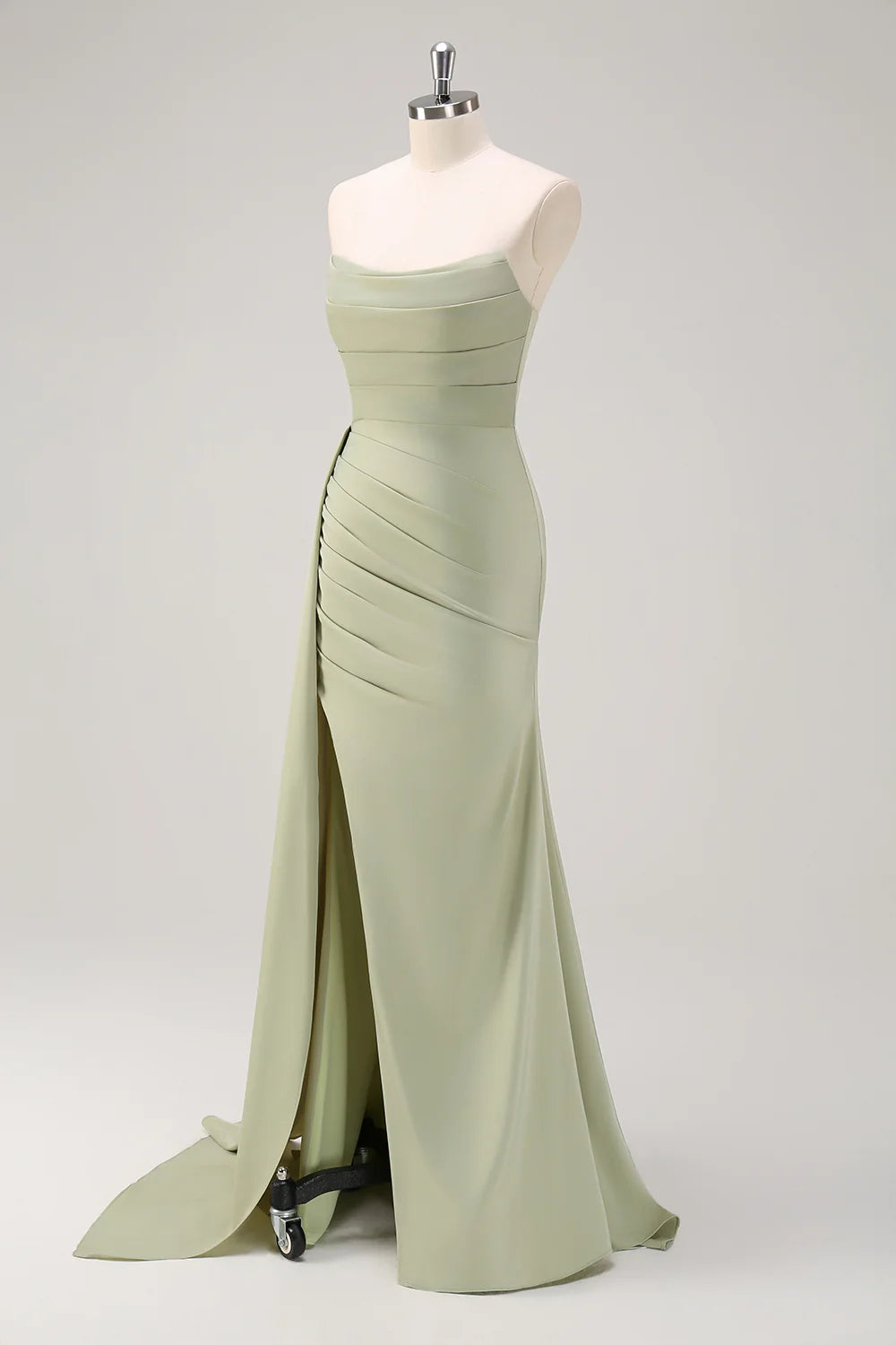 Sage Mermaid Strapless Ruched Side Overskirt Bridesmaid Dress with Slit