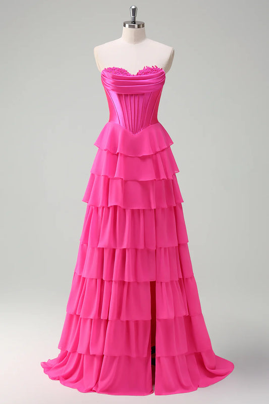 A-line strapless layered tight corset with pleated edges, long slit ball dress