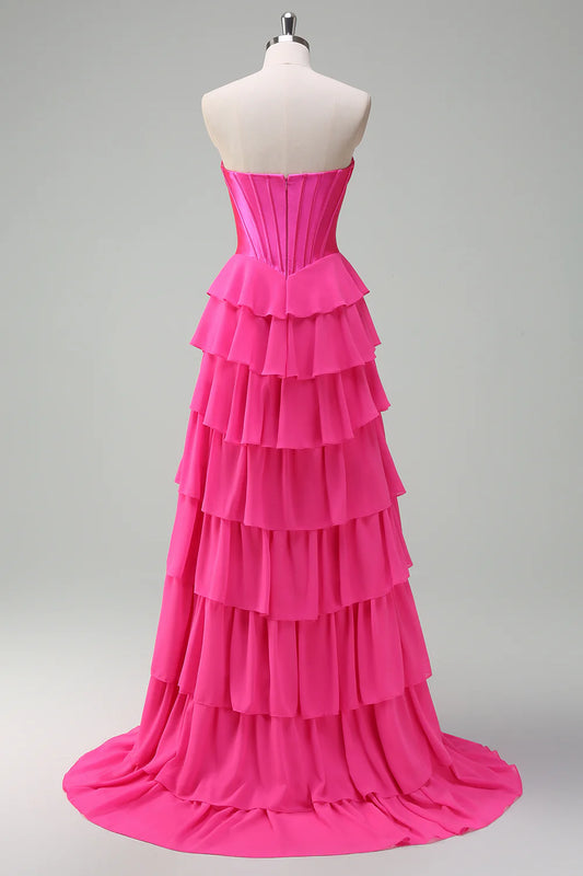 A-line strapless layered tight corset with pleated edges, long slit ball dress