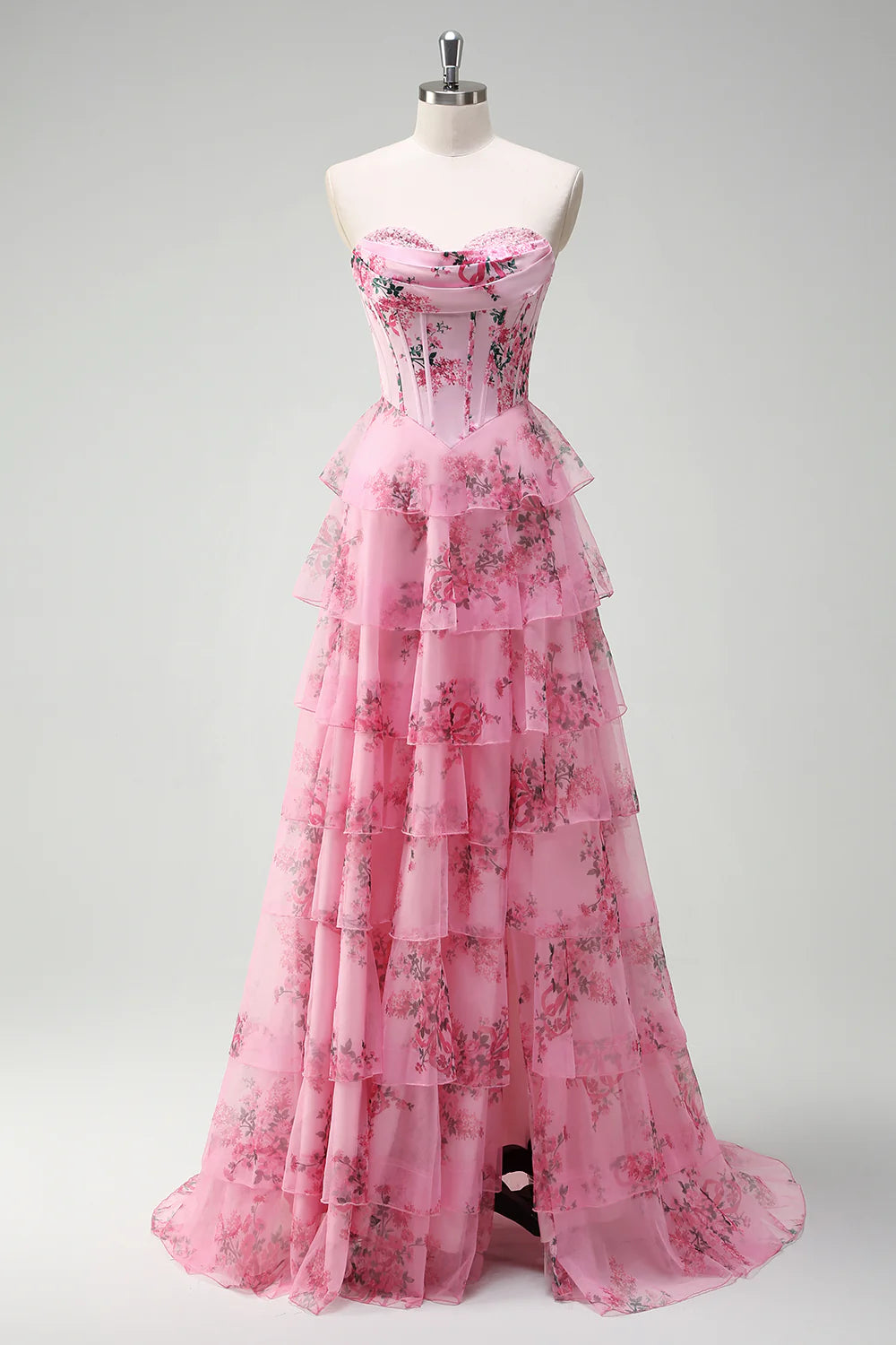 Flower A-line strapless pleated corset printed layered long ball dress with slit