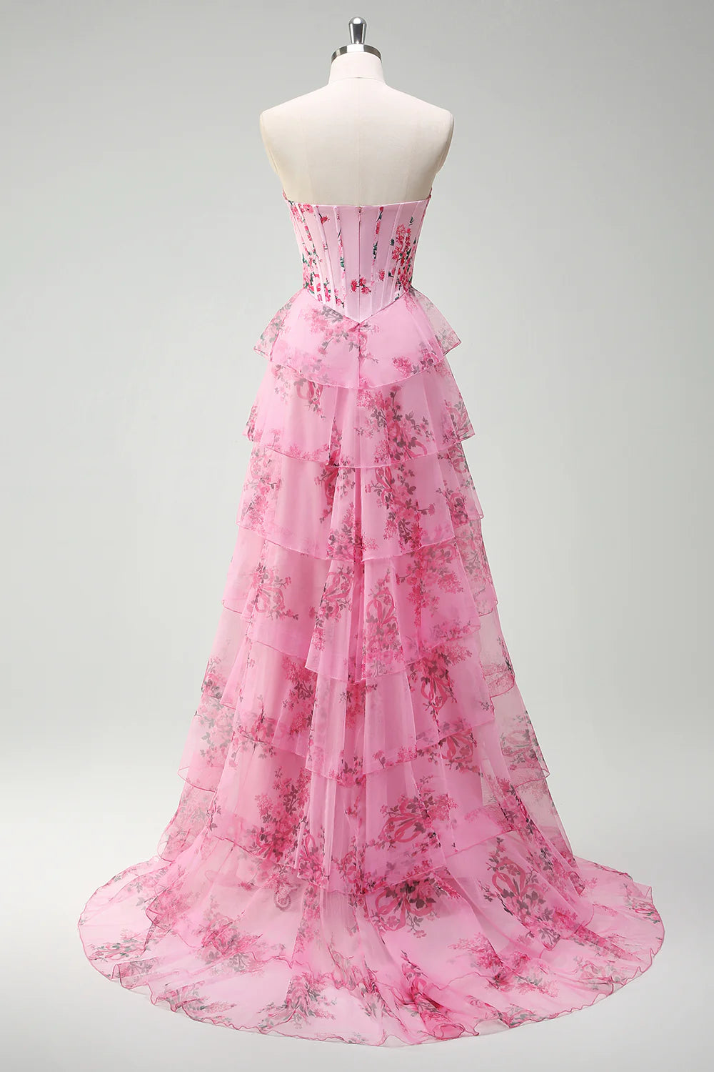 Flower A-line strapless pleated corset printed layered long ball dress with slit