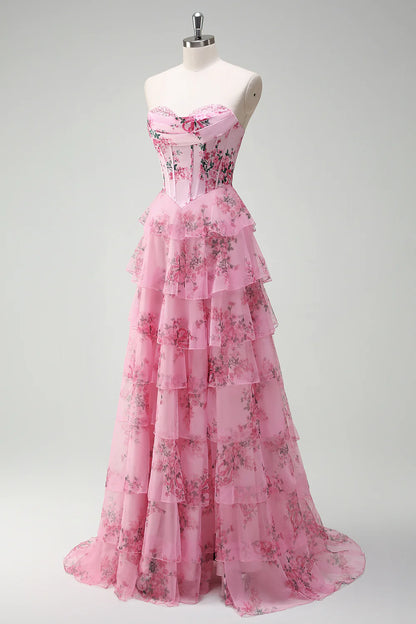 Blush Floral A-Line Strapless Ruffled Corset Printed Tiered Long Prom Dress with Slit