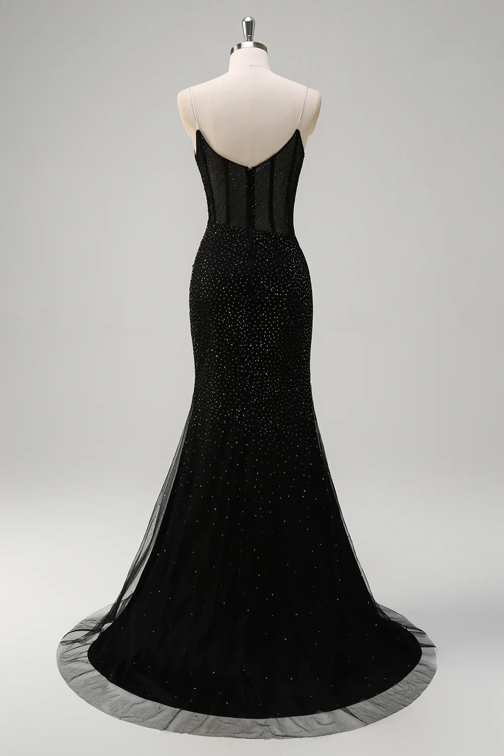 Sparkly Black Mermaid Spaghetti Straps Corset Long Beaded Prom Dress with High Slit