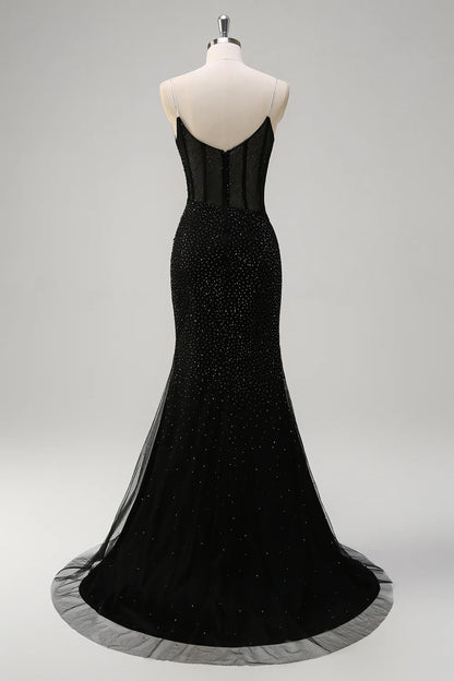 Sparkly Black Mermaid Spaghetti Straps Corset Long Beaded Prom Dress with High Slit