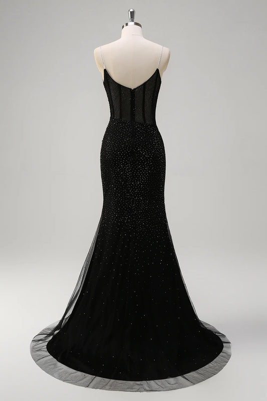 Sparkly Black Mermaid Spaghetti Straps Corset Long Beaded Prom Dress with High Slit
