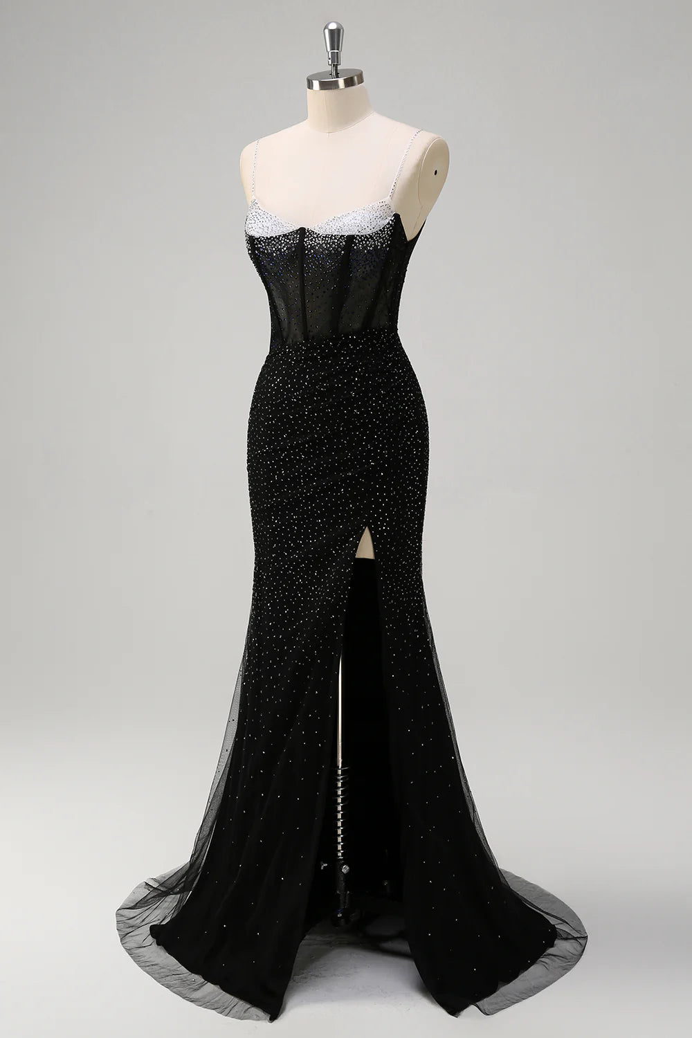 Sparkly Black Mermaid Spaghetti Straps Corset Long Beaded Prom Dress with High Slit
