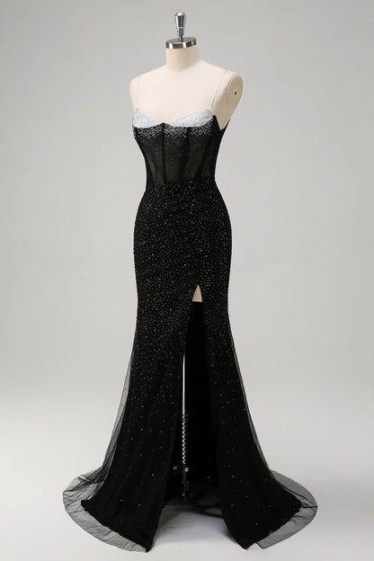 Sparkly Black Mermaid Spaghetti Straps Corset Long Beaded Prom Dress with High Slit