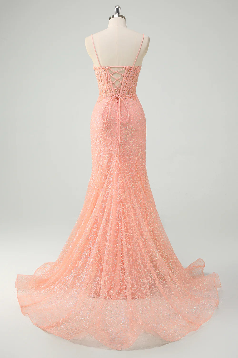 Orange Mermaid Spaghetti Straps Pleated Corset Beaded Long Prom Dress with Appliques