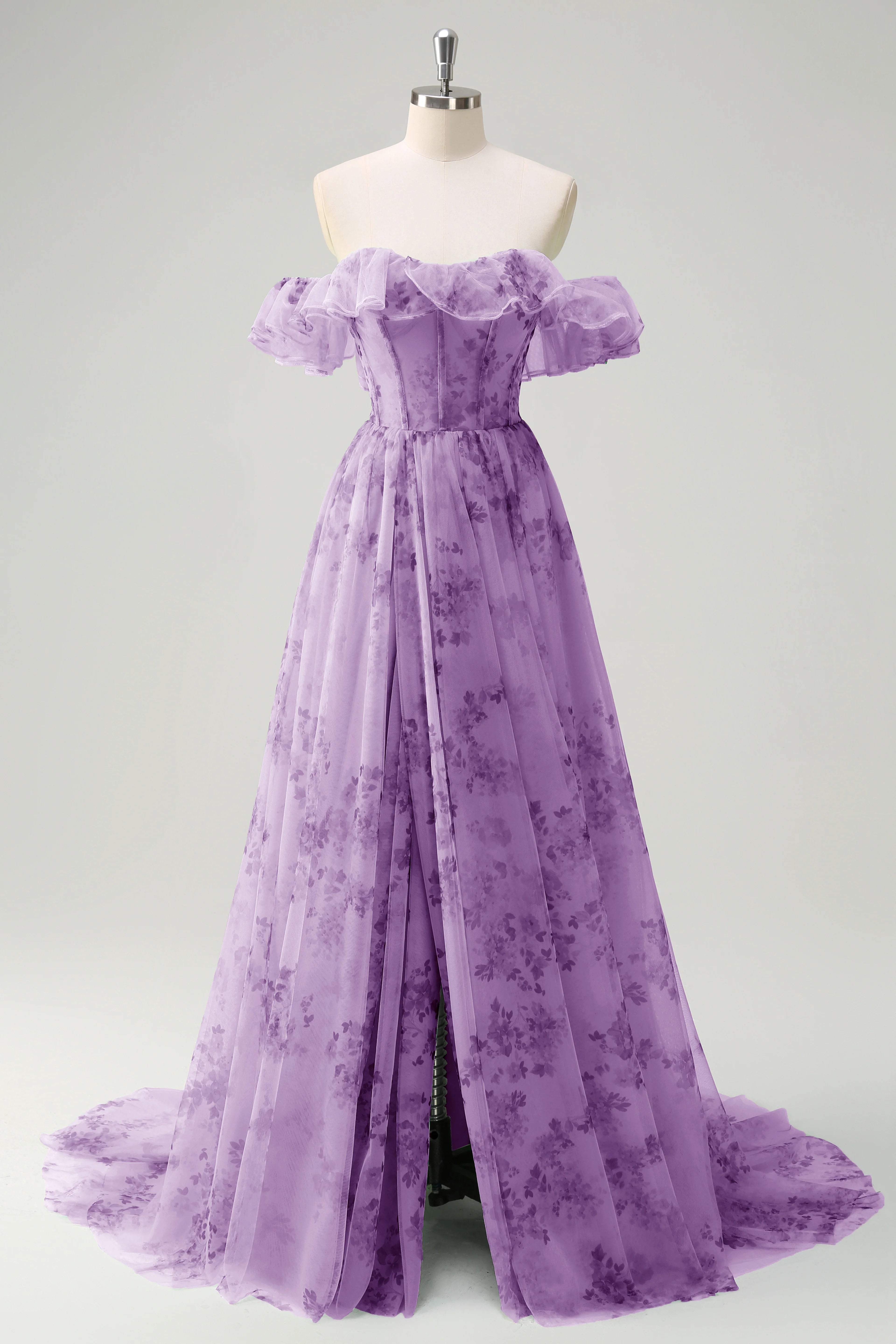 A-line off shoulder tight corset printed large slit dress