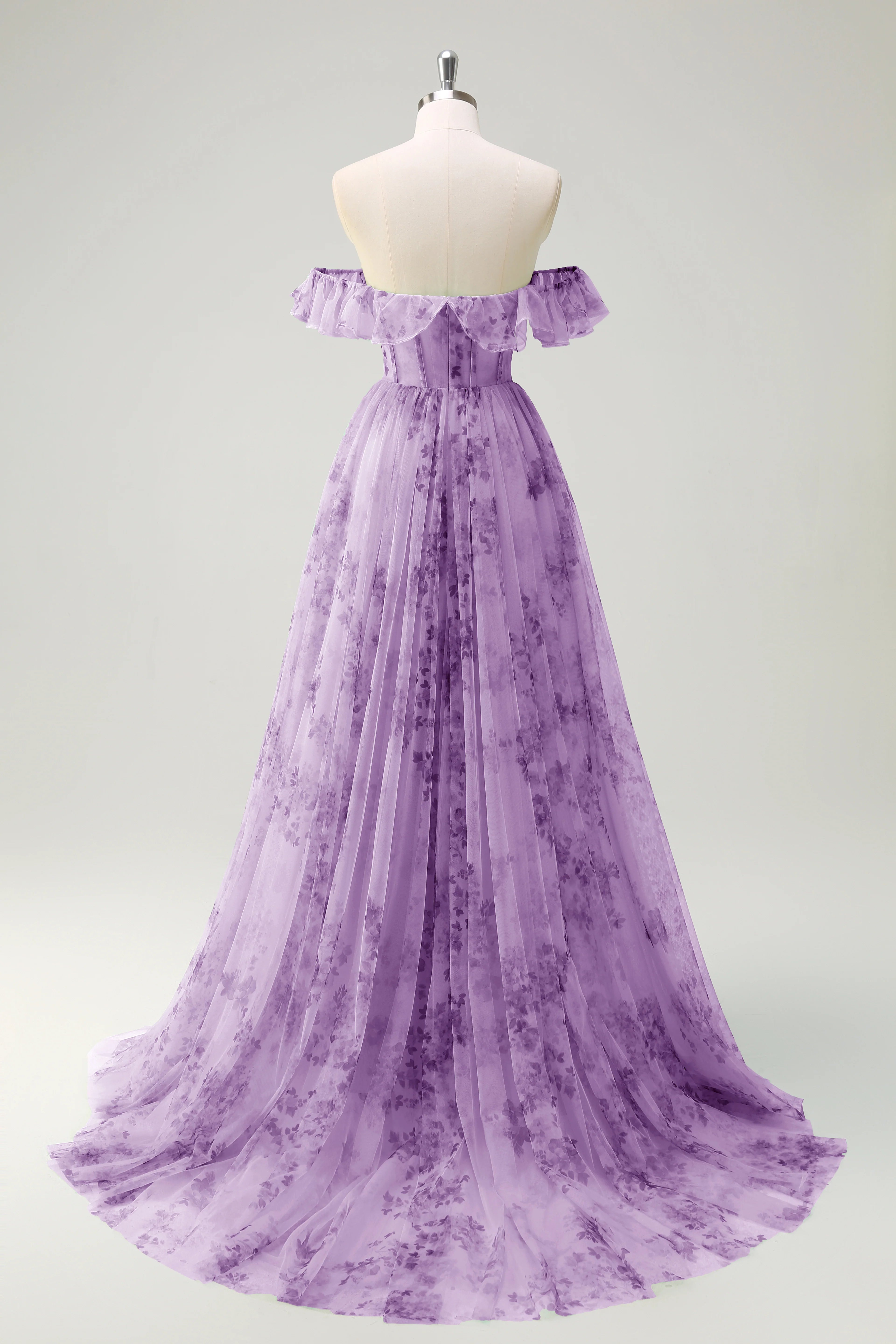 A-line off shoulder tight corset printed large slit dress