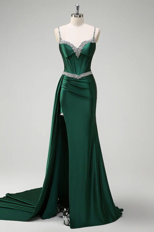 Mermaid fringe tight corset long ball dress with slit
