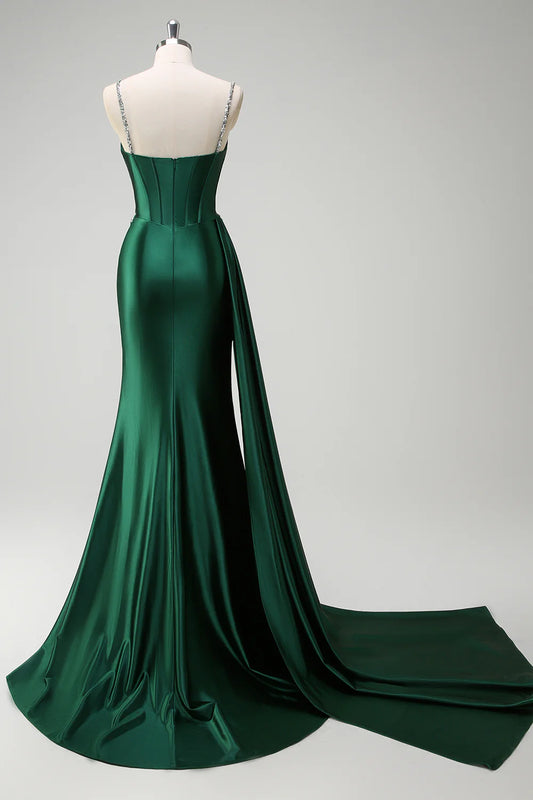 Mermaid fringe tight corset long ball dress with slit