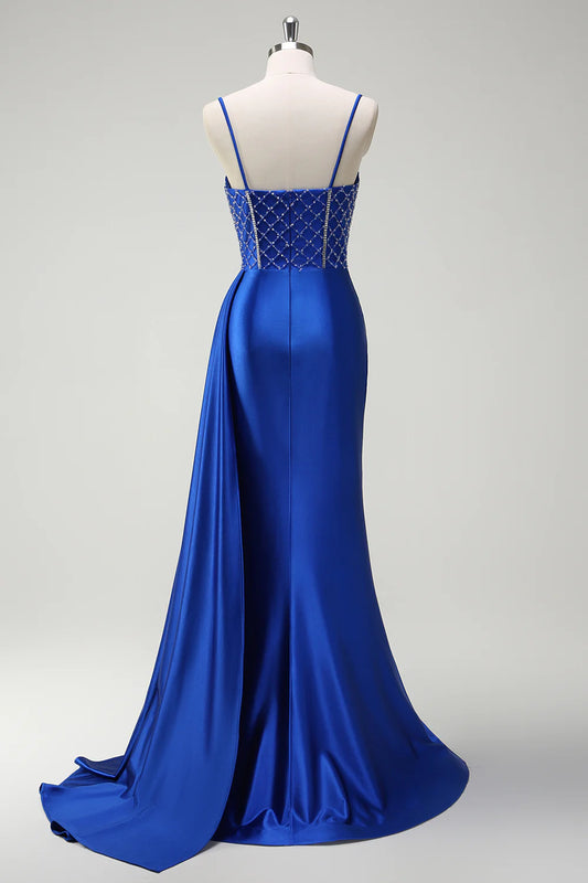 Royal Blue Mermaid slim suspender side tassel ruffled tight corset long ball gown