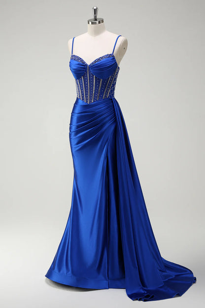 Royal Blue Mermaid slim suspender side tassel ruffled tight corset long ball gown