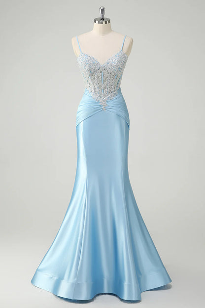 Blue mermaid slim suspender tight corset long pleated ball dress with decals