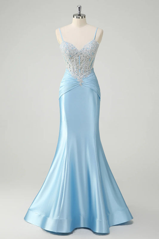 Blue mermaid slim suspender tight corset long pleated ball dress with decals