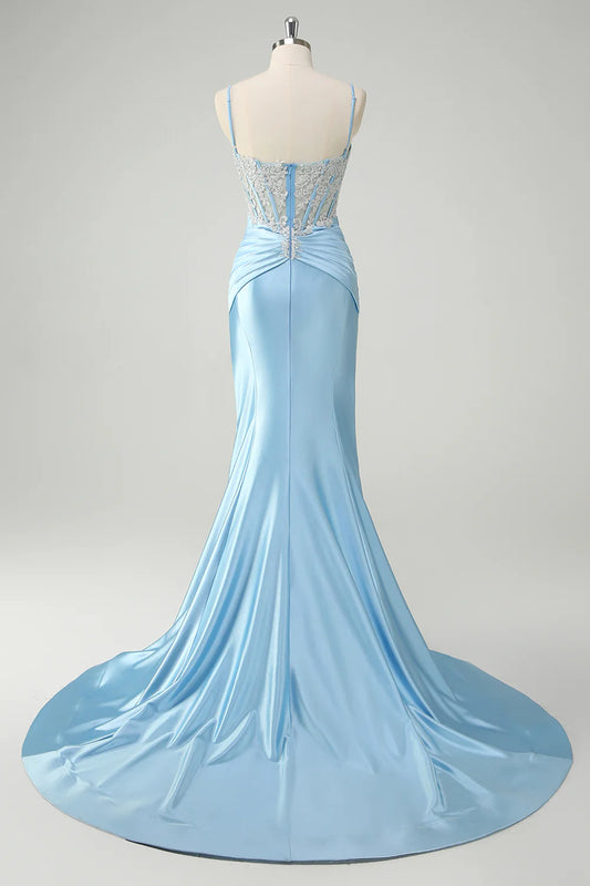Blue mermaid slim suspender tight corset long pleated ball dress with decals