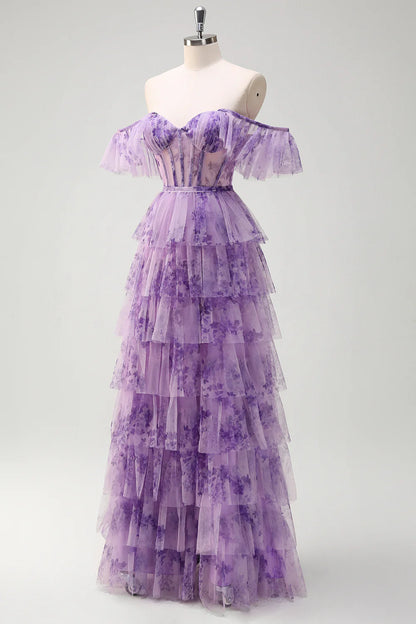 Lilac Strapless A Line Removable Sleeves Tiered Corset Printed Prom Dress with Slit