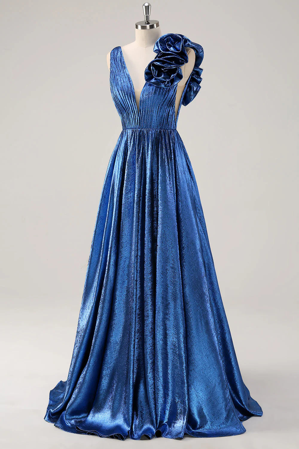 Royal Blue A Line Deep V-Neck Metallic Prom Dress with Floral Shoulder Detail