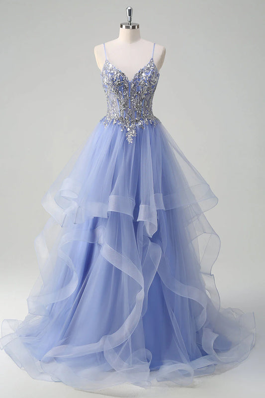 Sparkling light blue A-line tight corset long ball dress with spiral pleats