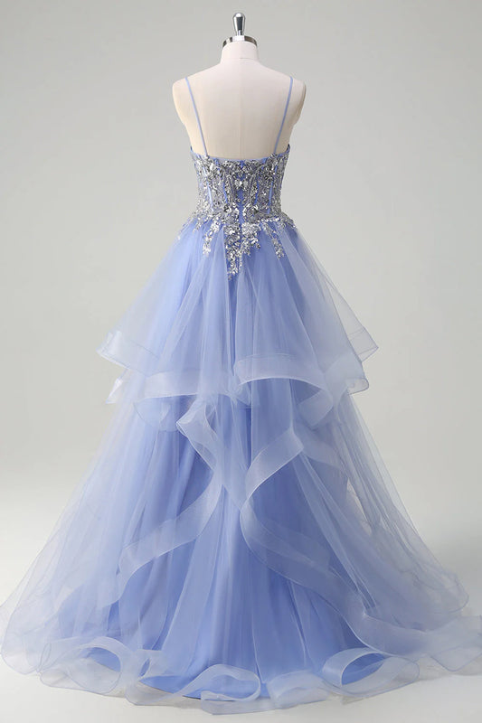 Sparkling light blue A-line tight corset long ball dress with spiral pleats
