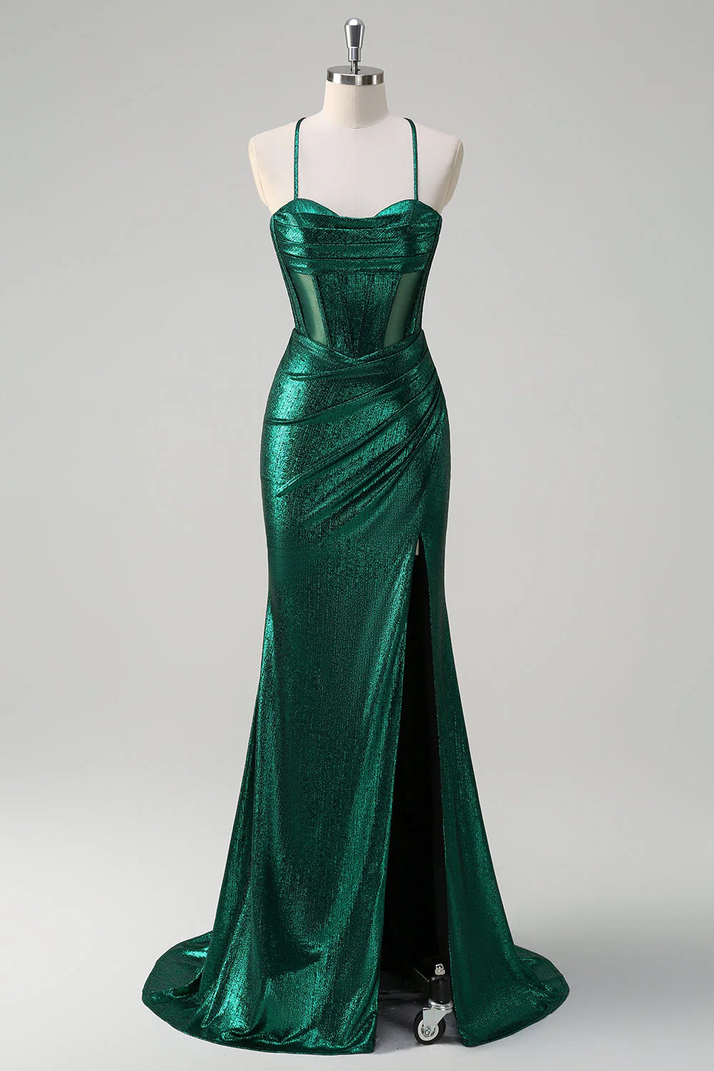 Shining deep green mermaid slim suspender tight corset with pleated metal slit ball dress