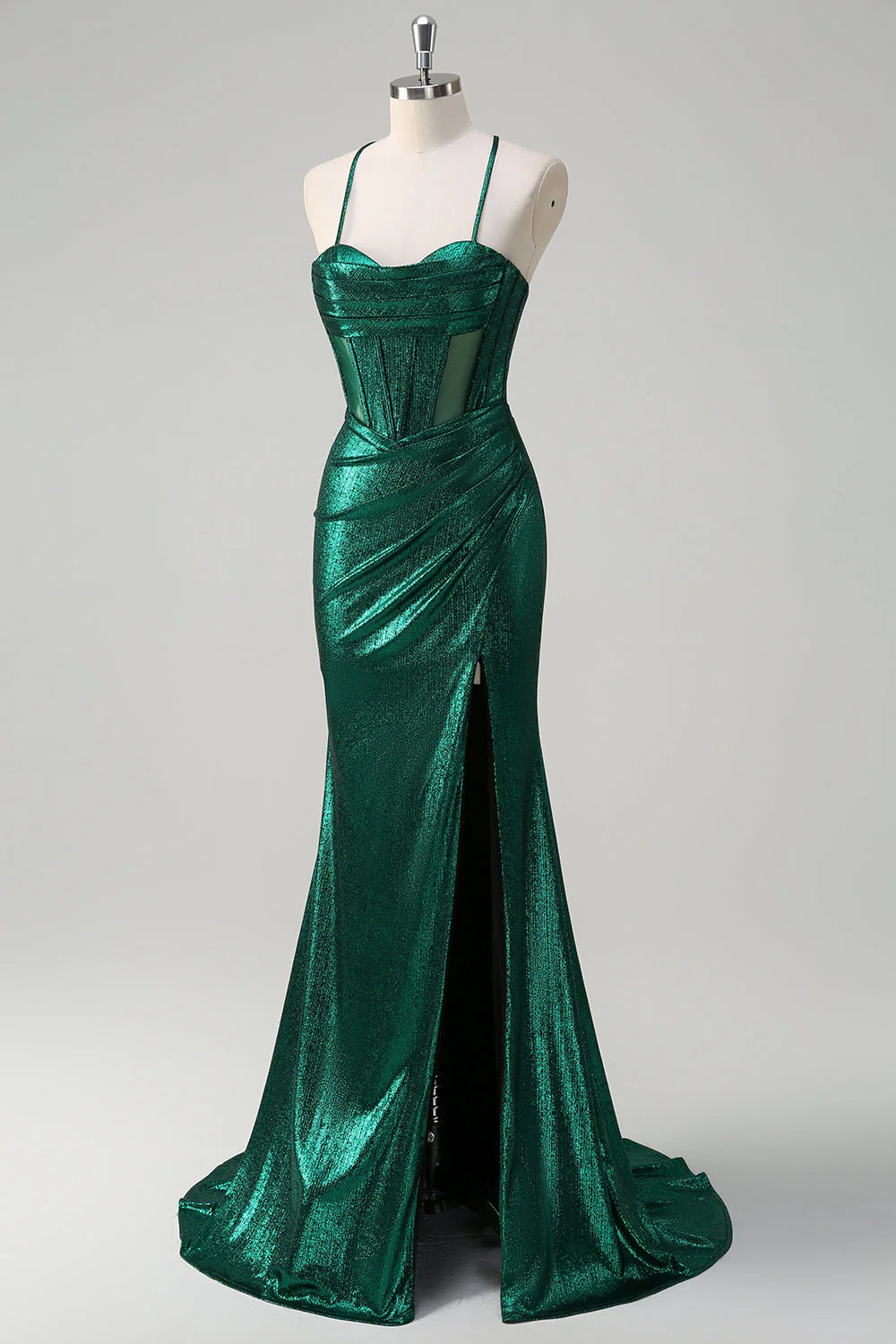 Shining deep green mermaid slim suspender tight corset with pleated metal slit ball dress