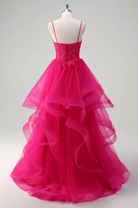 Hot pink princess slim suspender tight corset with spiral pleats long ball dress