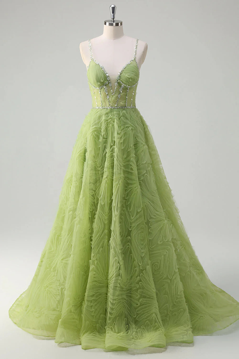 Sparkling green princess spaghetti strap backless long ball gown