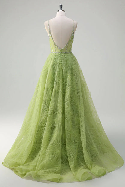 Sparkling green princess spaghetti strap backless long ball gown
