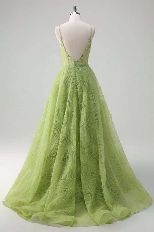 Sparkling green princess spaghetti strap backless long ball gown
