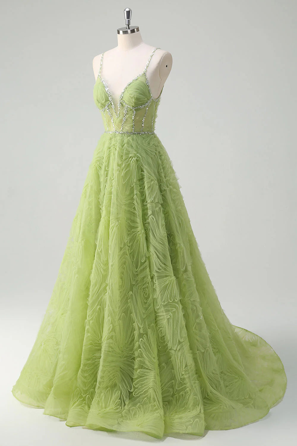 Sparkling green princess spaghetti strap backless long ball gown