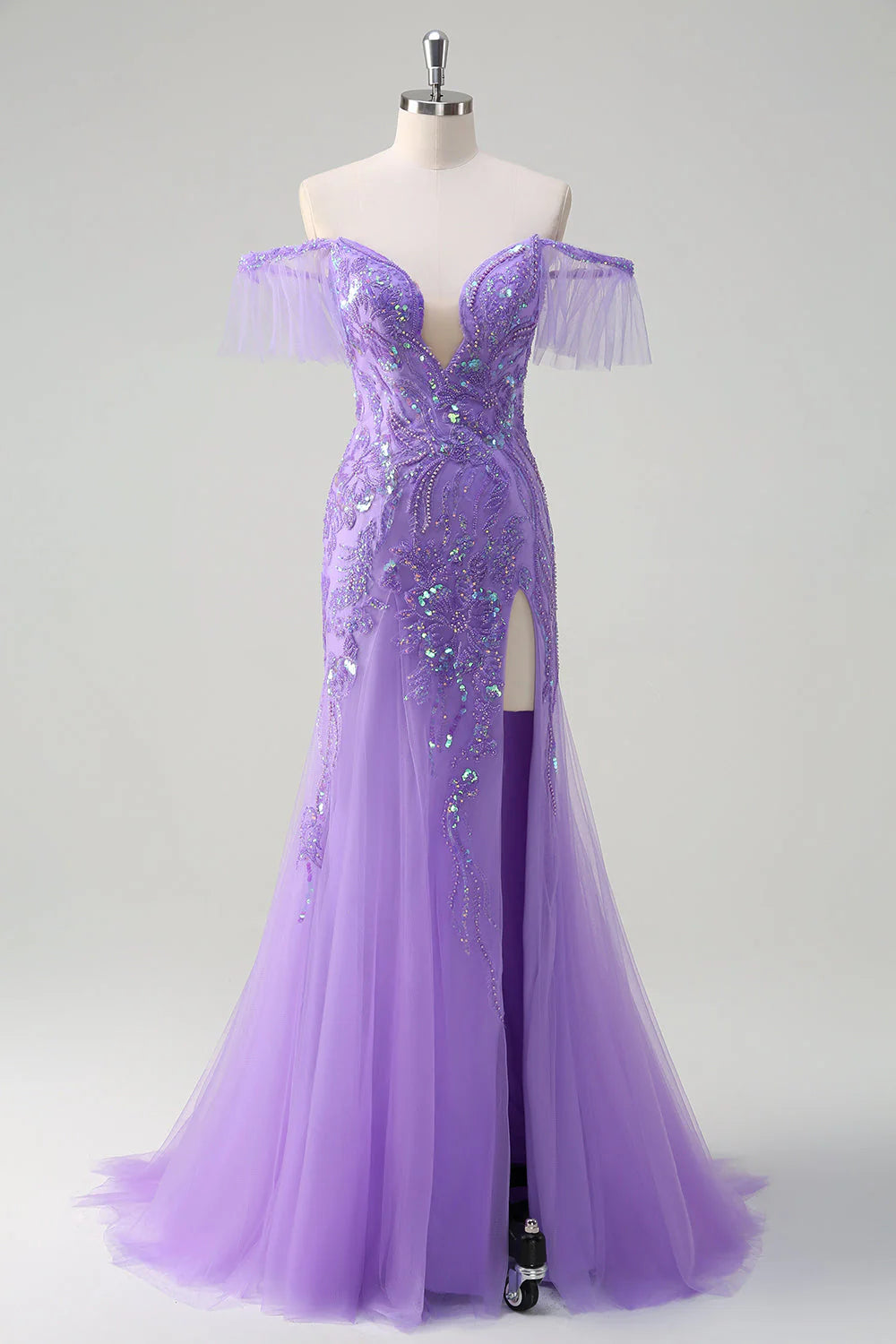 Sparkly Purple Mermaid Off the Shoulder Sequin Long Prom Dress with High Slit