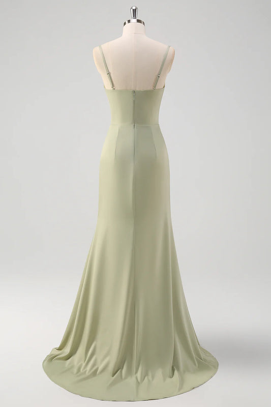 Sage Mermaid Spaghetti Straps Pleated Corset Long Bridesmaid Dress With Slit