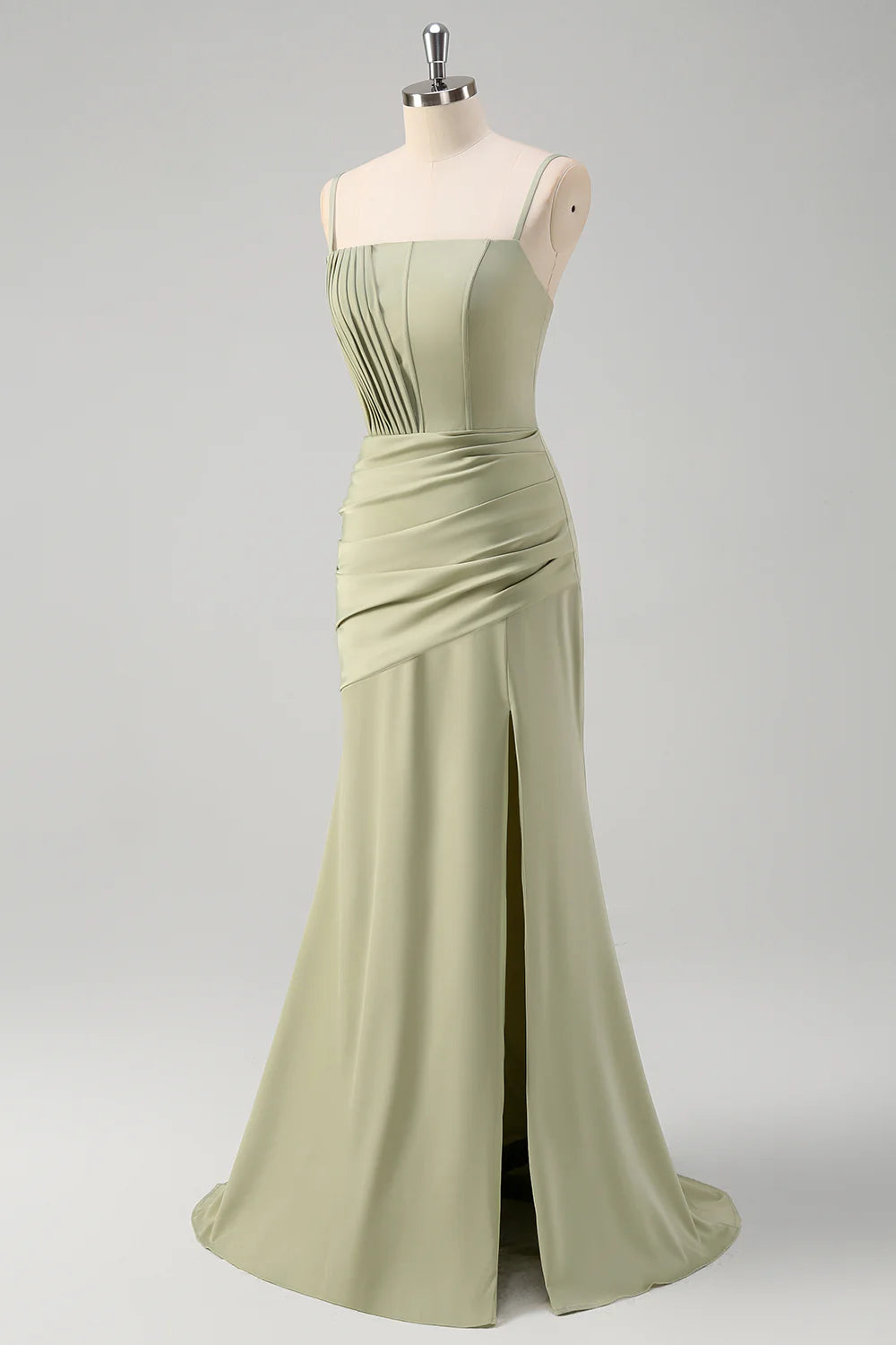 Sage Mermaid Spaghetti Straps Pleated Corset Long Bridesmaid Dress With Slit