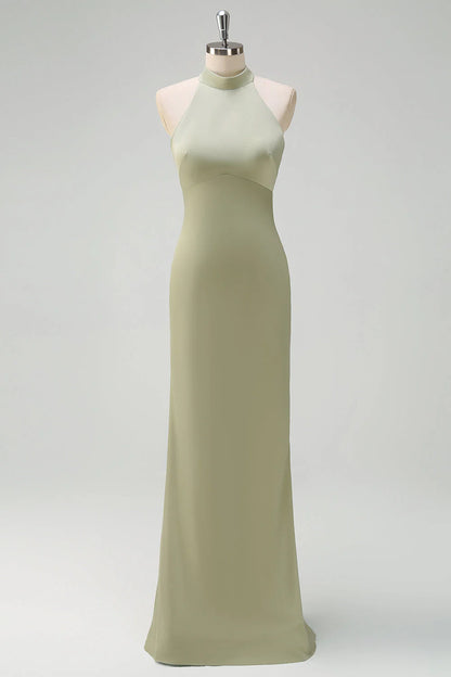 Hanging neck sleeveless satin backless floor mopping bridesmaid dress