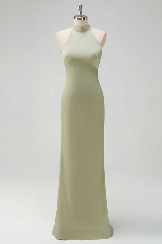 Hanging neck sleeveless satin backless floor mopping bridesmaid dress