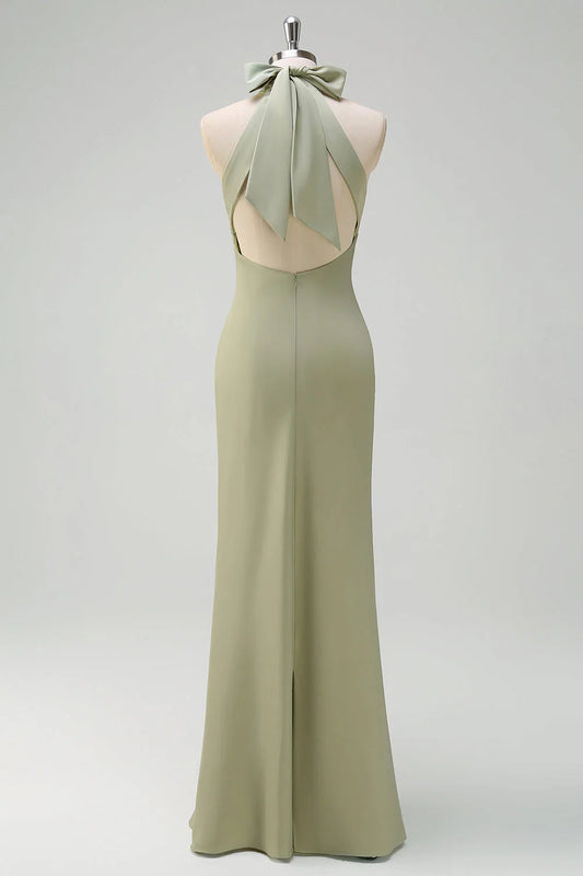 Hanging neck sleeveless satin backless floor mopping bridesmaid dress