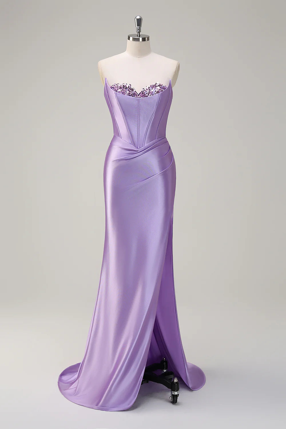 Strapless pleated tight corset sequined long mermaid dance dress with slit