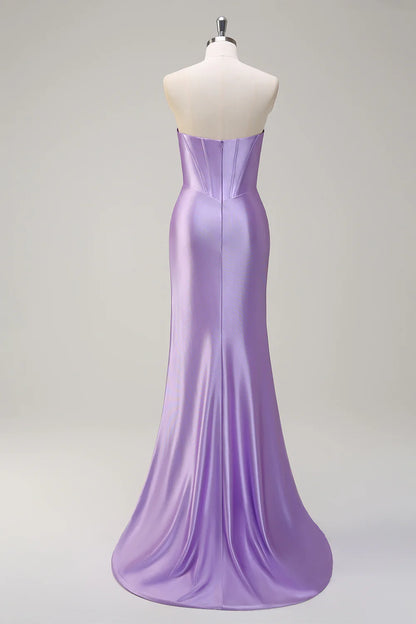 Strapless pleated tight corset sequined long mermaid dance dress with slit