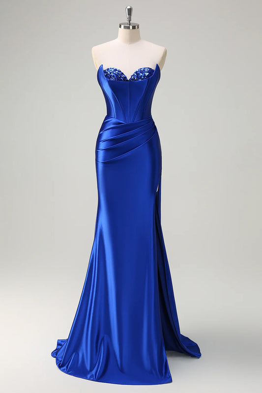 Strapless pleated tight corset sequined long mermaid dance dress with slit