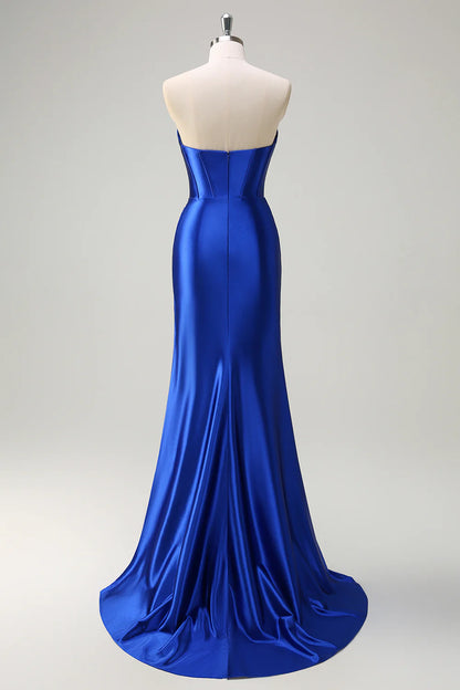 Strapless pleated tight corset sequined long mermaid dance dress with slit
