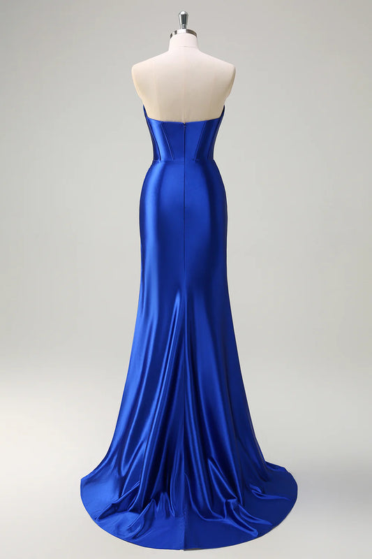 Strapless pleated tight corset sequined long mermaid dance dress with slit