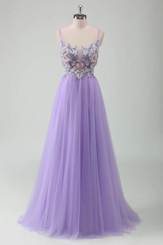 Purple A-line thin suspender backless long ball gown with 3D flowers