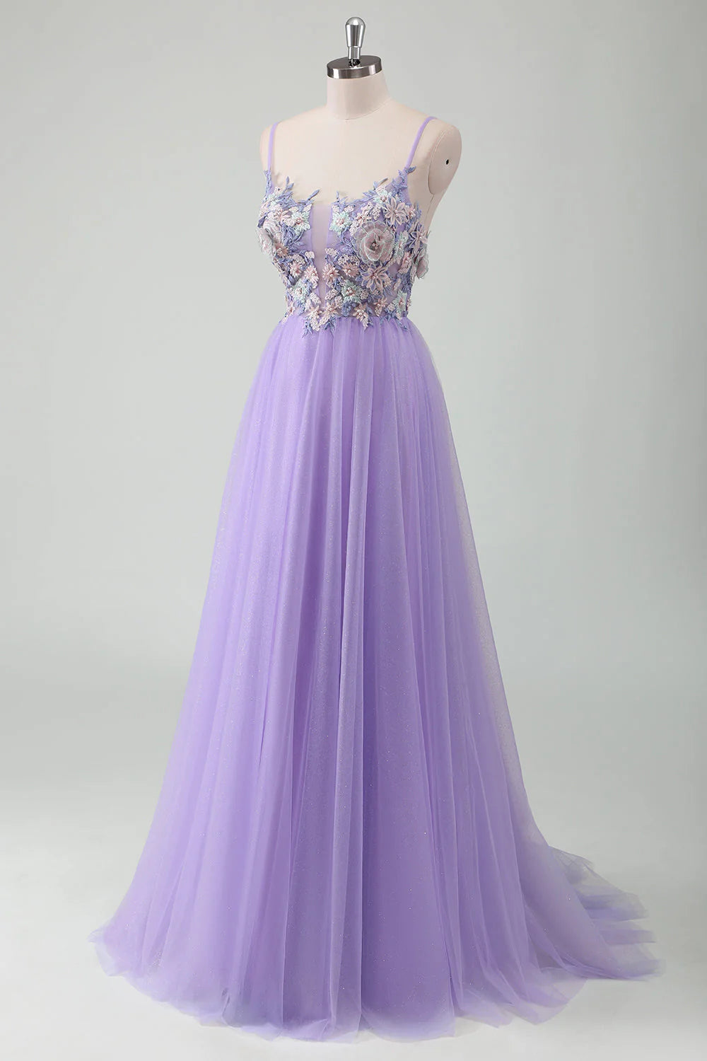 Purple A-line thin suspender backless long ball gown with 3D flowers
